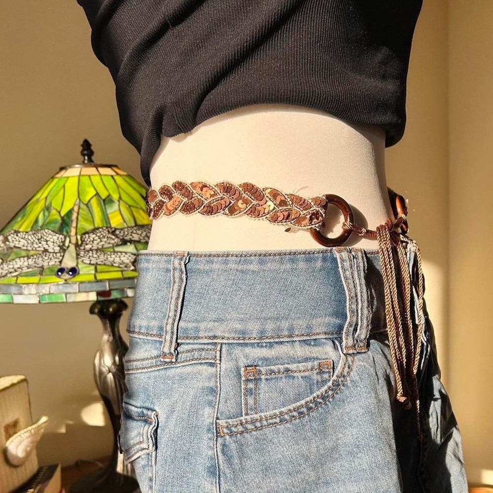Vintage y2k sequin braided belt with fringe in gold and brown